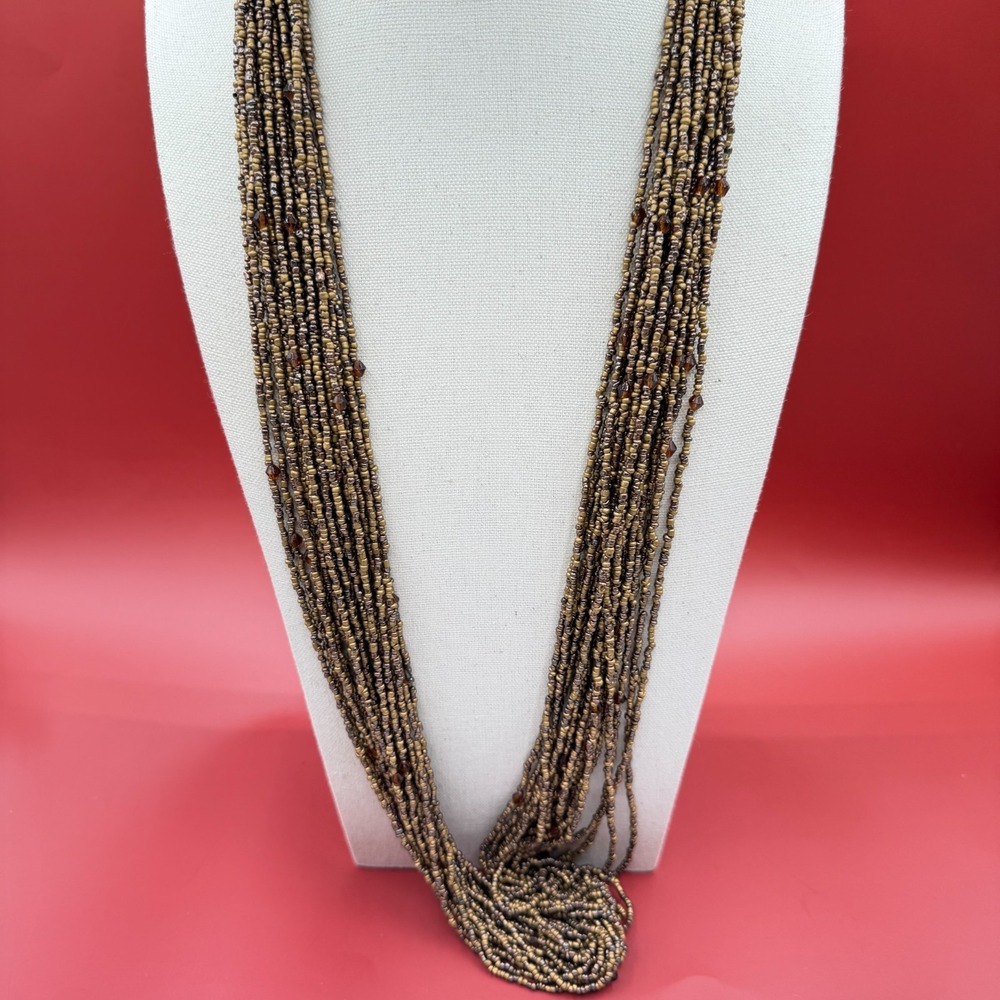 Bronze Gold & Amber Tone Multi Strand Seed Bead Necklace Boho Statement Vintage